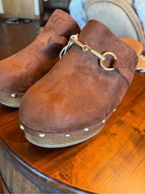 Women's Suede Espresso Brown Clog Mules with Gold Bit Detail